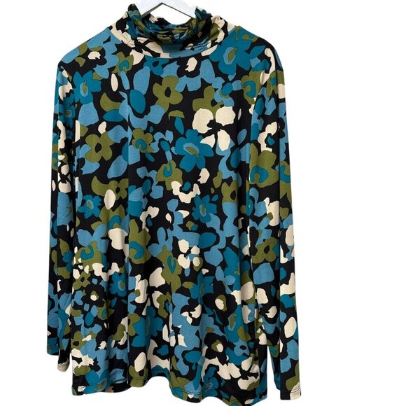 Susan Graver Tunic Top XL Teal Floral Ruched Mockneck Stretch Liquid Knit Jersey - Picture 1 of 9
